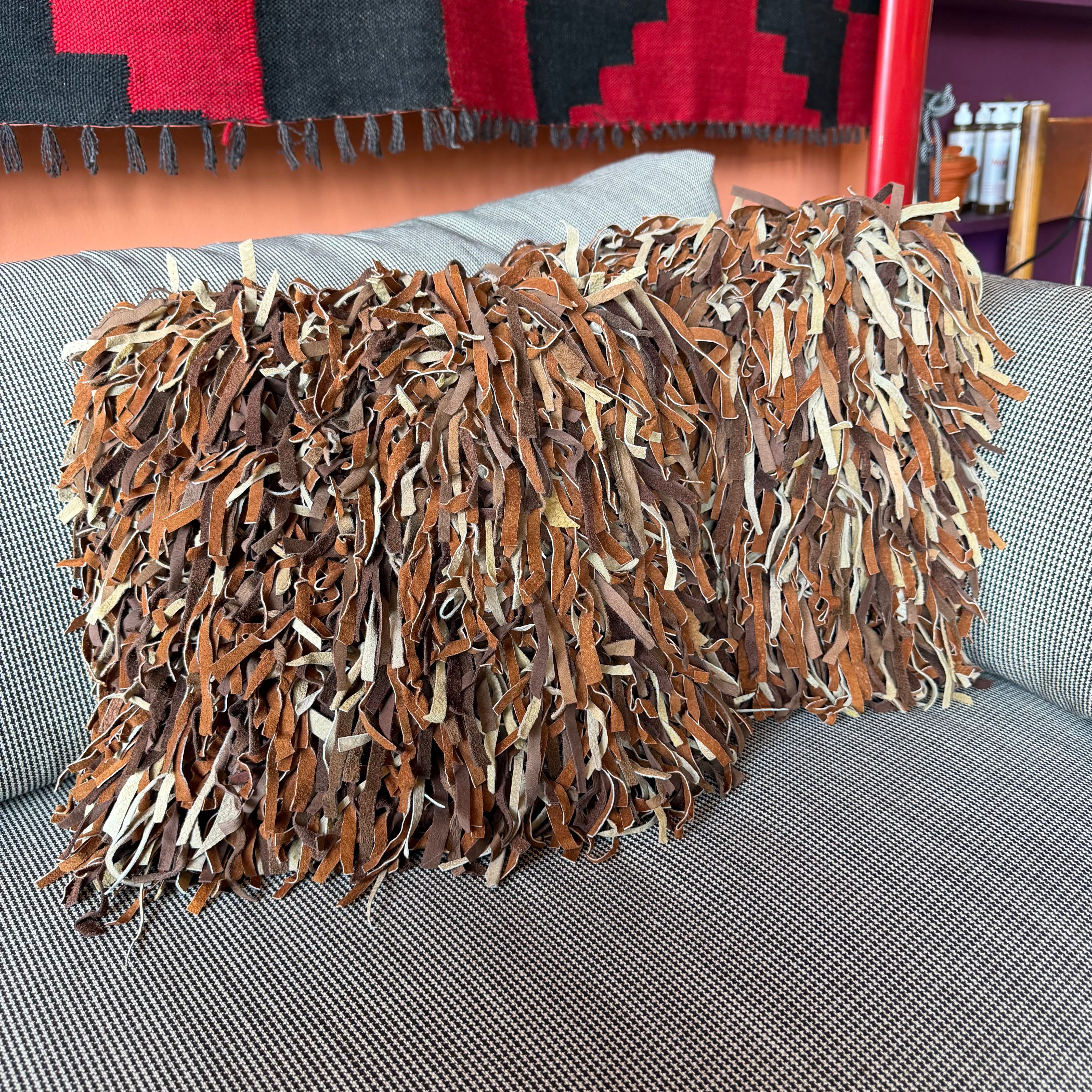 Vintage Leather Shag Pillow - 2 Available Throw Pillows CANDID HOME