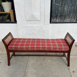 Midcentury Rattan Bench with Plaid Cushion