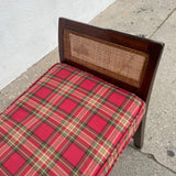 Midcentury Rattan Bench with Plaid Cushion