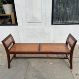 Midcentury Rattan Bench with Plaid Cushion