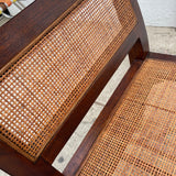 Midcentury Rattan Bench with Plaid Cushion