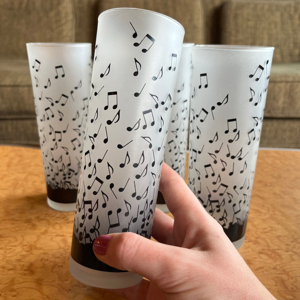 Vintage Albert Elovitz Frosted Tall Glasses with Music Note Pattern - 4 available glassware CANDID HOME   