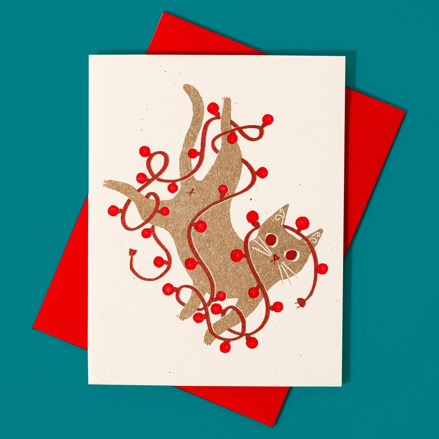 Holiday Letterpress Greeting Cards by Bromstadt Printing Co greeting card bromstad Tangled String Light Cat