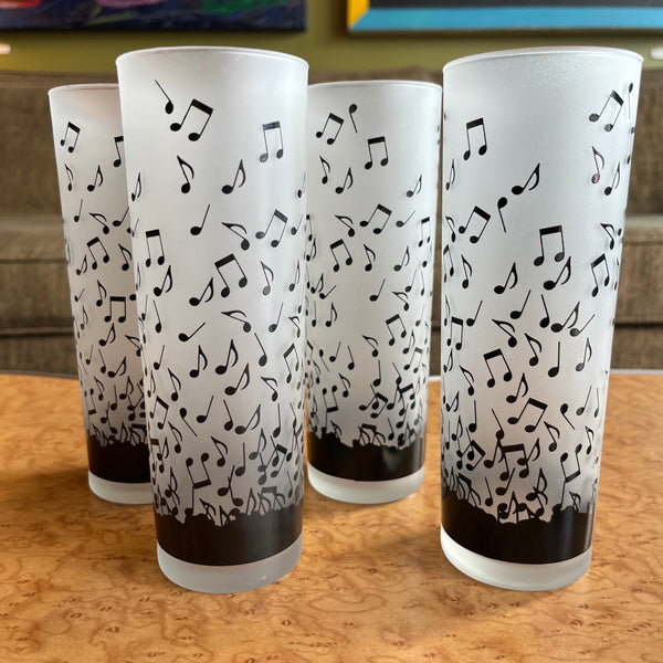 Vintage Albert Elovitz Frosted Tall Glasses with Music Note Pattern - 4 available glassware CANDID HOME   