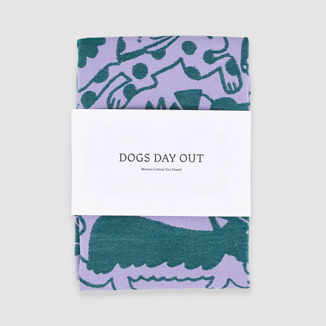 Tea Towels by Wrap Magazine tea towel Wrap Magazine Dogs Day Out: Lilac/Green