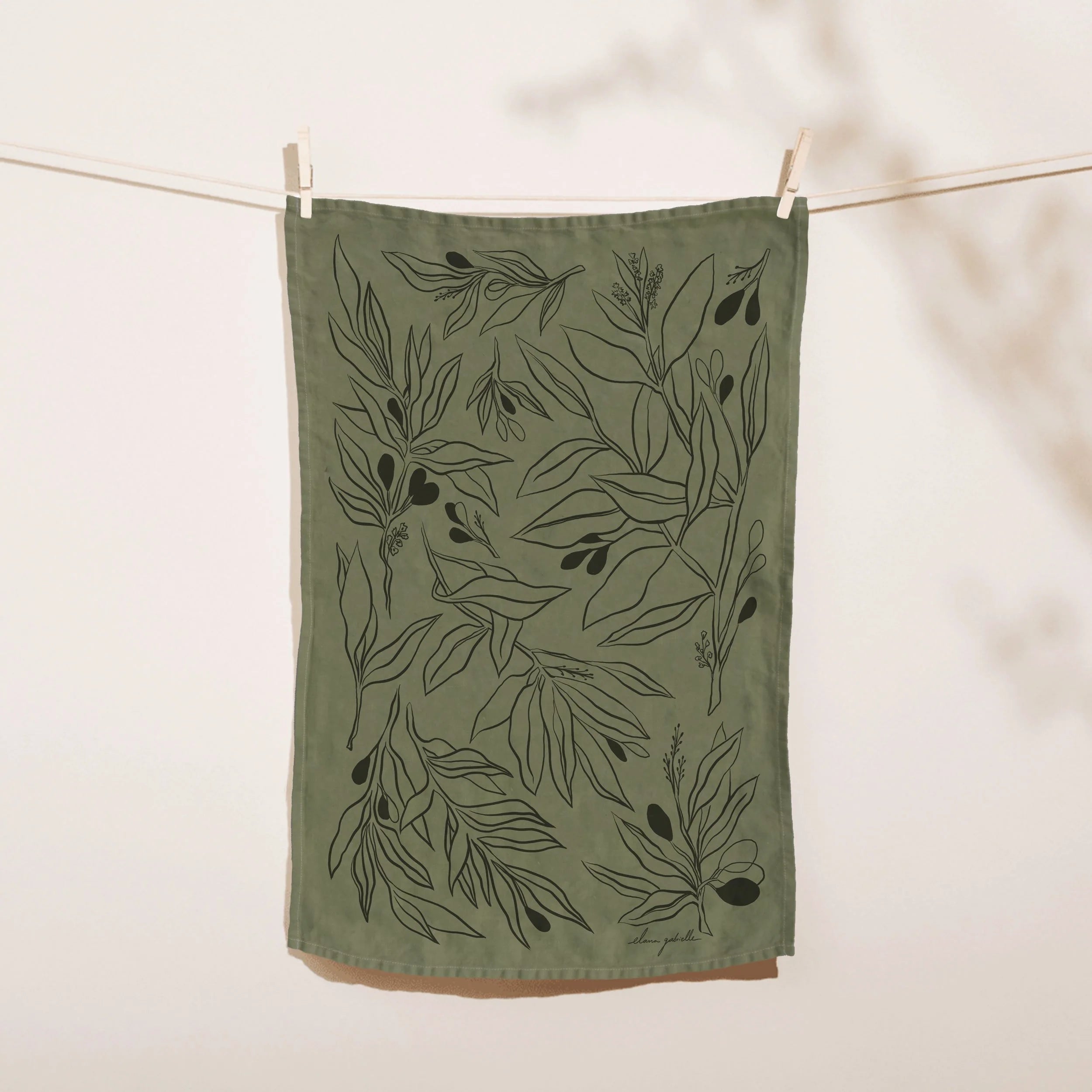 Printed Linen Rectangle Tea Towels by Elana Gabrielle tea towel Elana Gabrielle Olive : Green