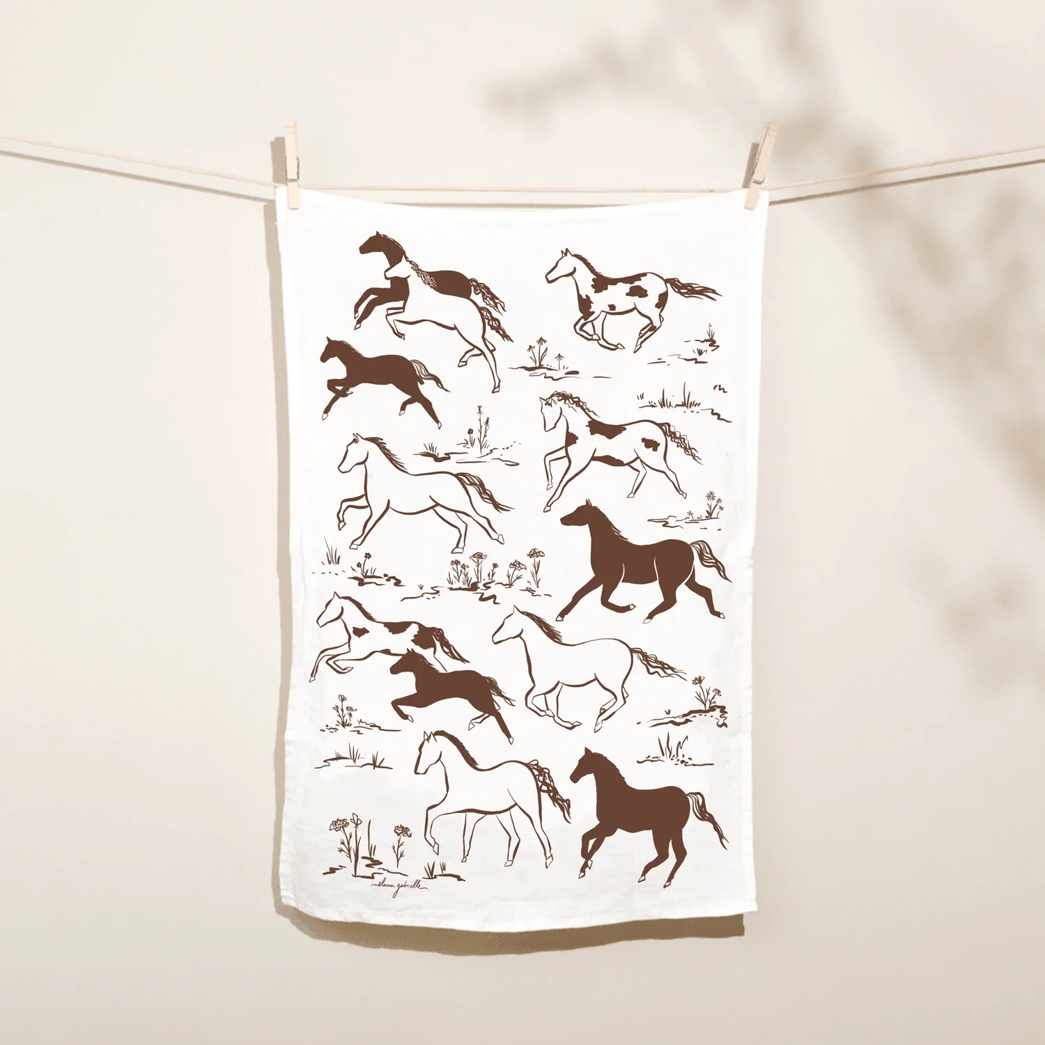Printed Linen Rectangle Tea Towels by Elana Gabrielle tea towel Elana Gabrielle Wild Horses: White/Brown
