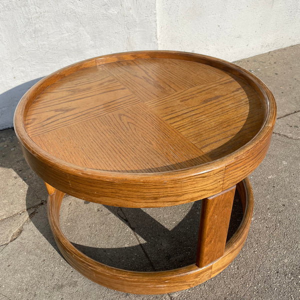 1970’s Oak Round Small Coffee or Side Table by Howard Furniture coffee table CANDID HOME   