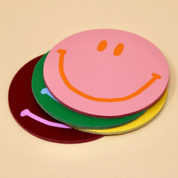 Happy Face Leather Coasters by Ark Colour Design — Set of 4 kitchen > Coasters > best housewarming gifts > good > housewarming gifts > house warming > housewarming gift ideas > housewarming gifts for couples > new home gift ideas > new home gifts > sustainable gifts ark colour   