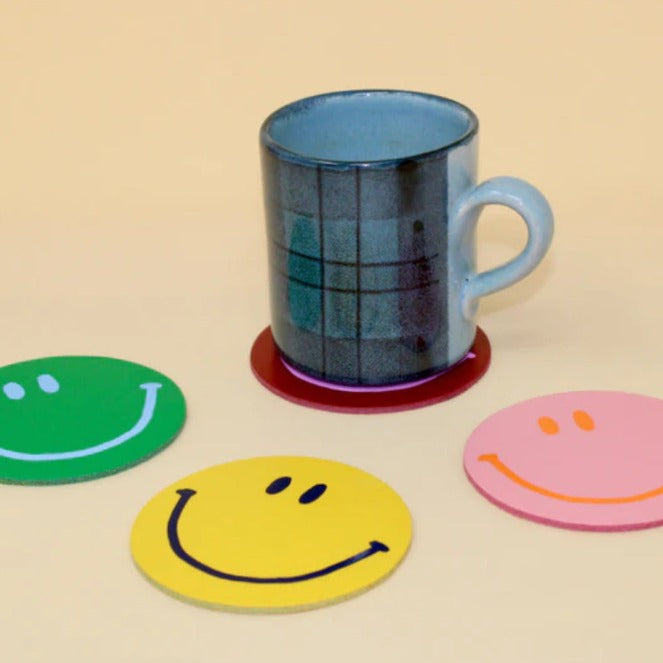 Happy Face Leather Coasters by Ark Colour Design — Set of 4 kitchen > Coasters > best housewarming gifts > good > housewarming gifts > house warming > housewarming gift ideas > housewarming gifts for couples > new home gift ideas > new home gifts > sustainable gifts ark colour   