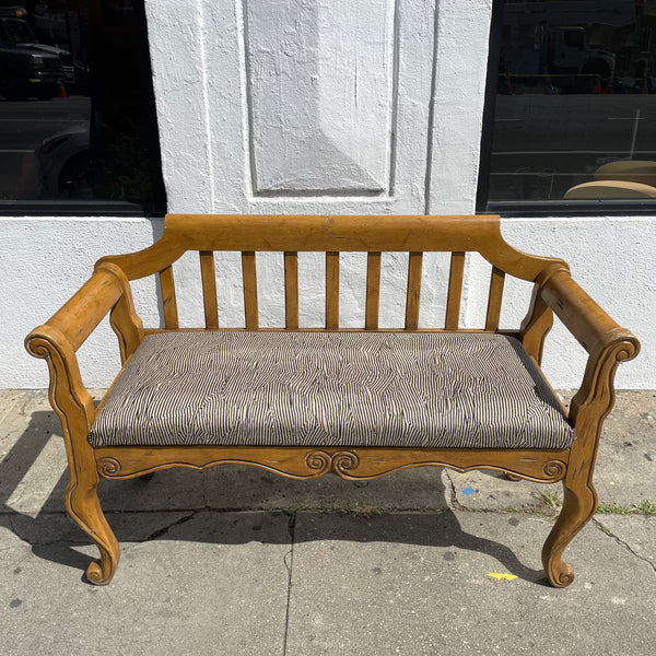 Vintage Oak Scroll Bench with Linen Upholstered Seat  CANDID HOME   