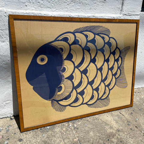 Vintage Japanese Block Print Fish Framed Art : Blue