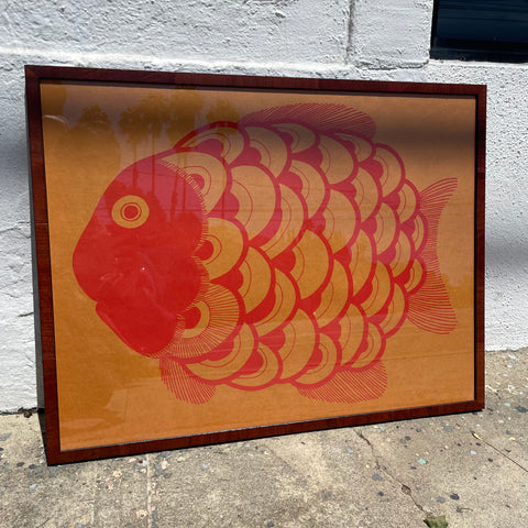 Vintage Japanese Block Print Fish Framed Art : Red
