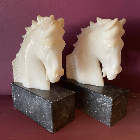 Antique Marble and Alabaster Horse Bookends - A Pair  CANDID HOME   