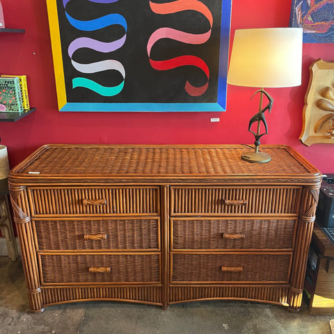 1970's Rattan Lowboy 6 Drawer Dresser - 60" L