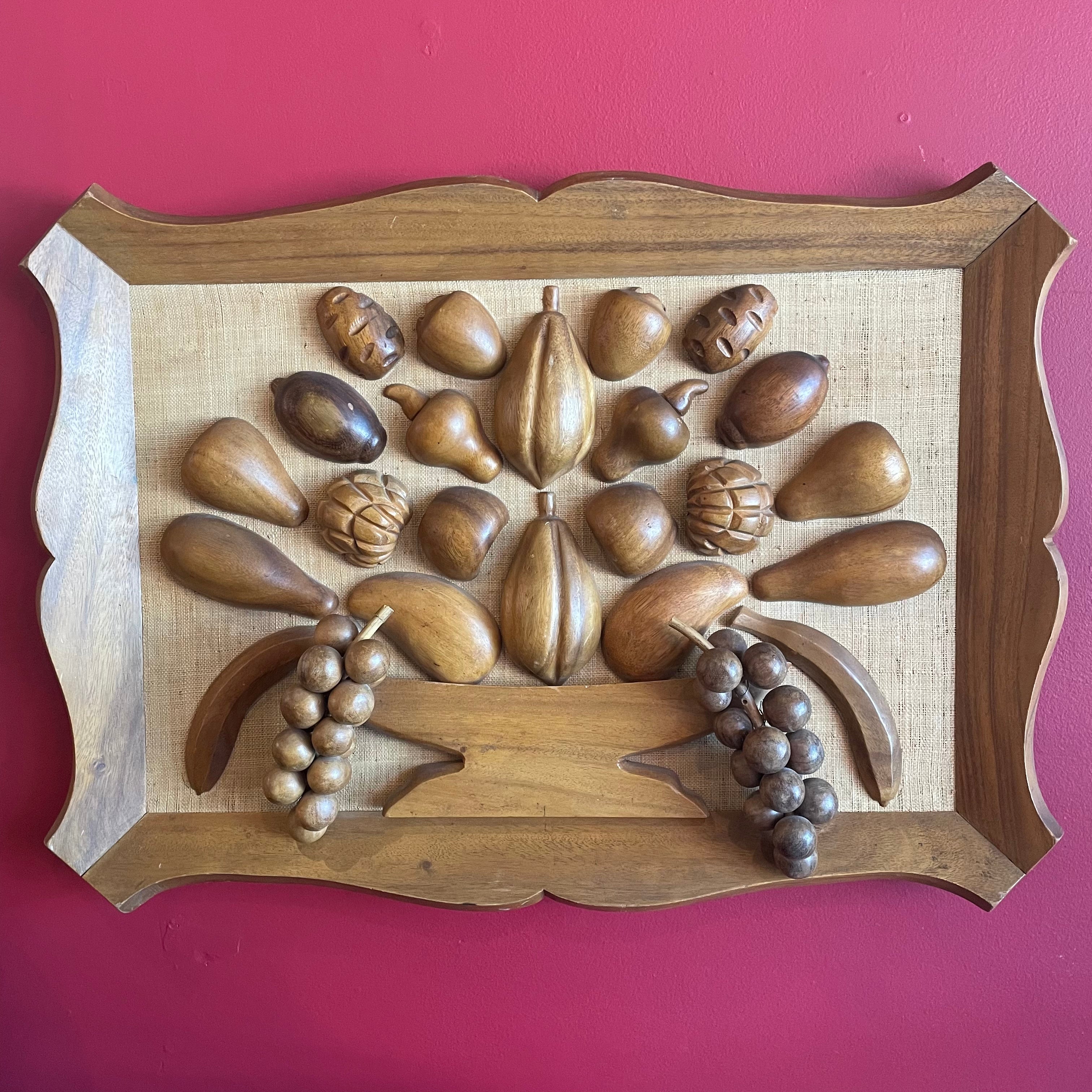 1970's Wooden Fruit on Linen Framed Art - 28" x 26" Art CANDID HOME