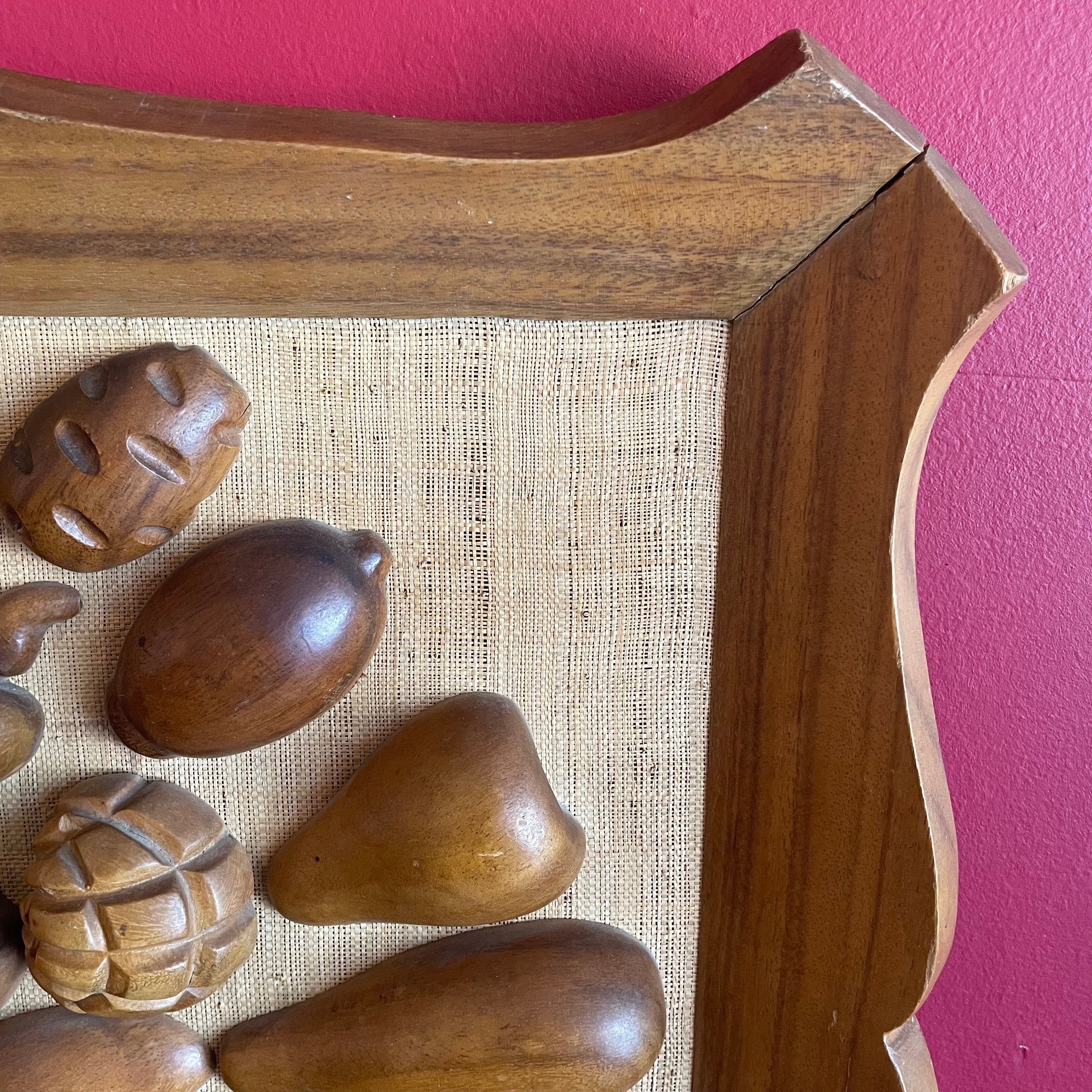 1970's Wooden Fruit on Linen Framed Art - 28" x 26" Art CANDID HOME