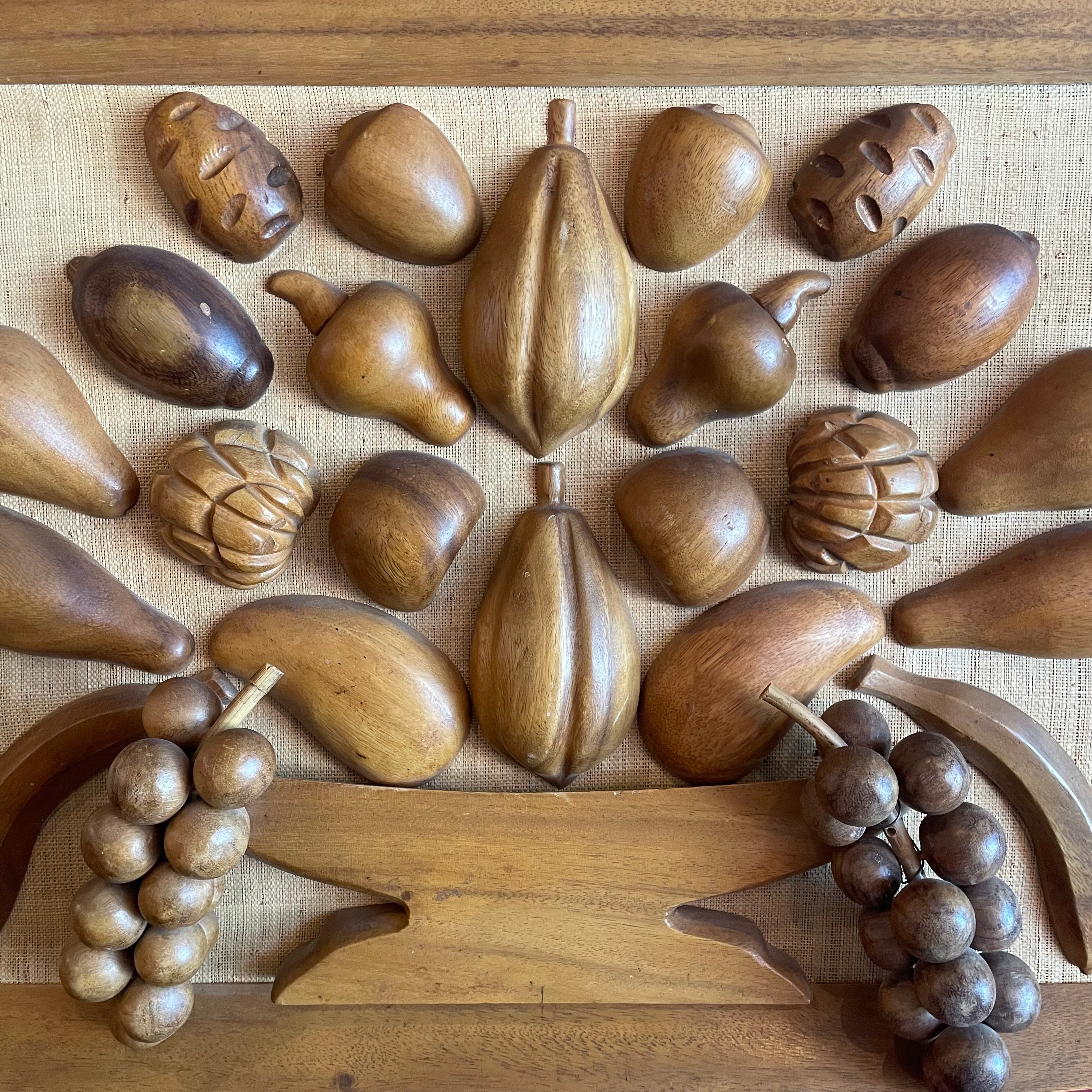 1970's Wooden Fruit on Linen Framed Art - 28" x 26" Art CANDID HOME