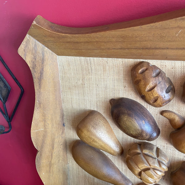 1970's Wooden Fruit on Linen Framed Art - 28" x 26" Art CANDID HOME