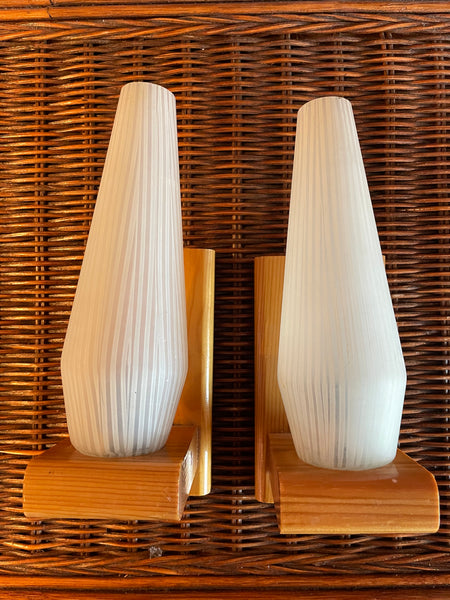 1970's Scandinavian Oak + Glass Sconces - A Pair sconce doodad