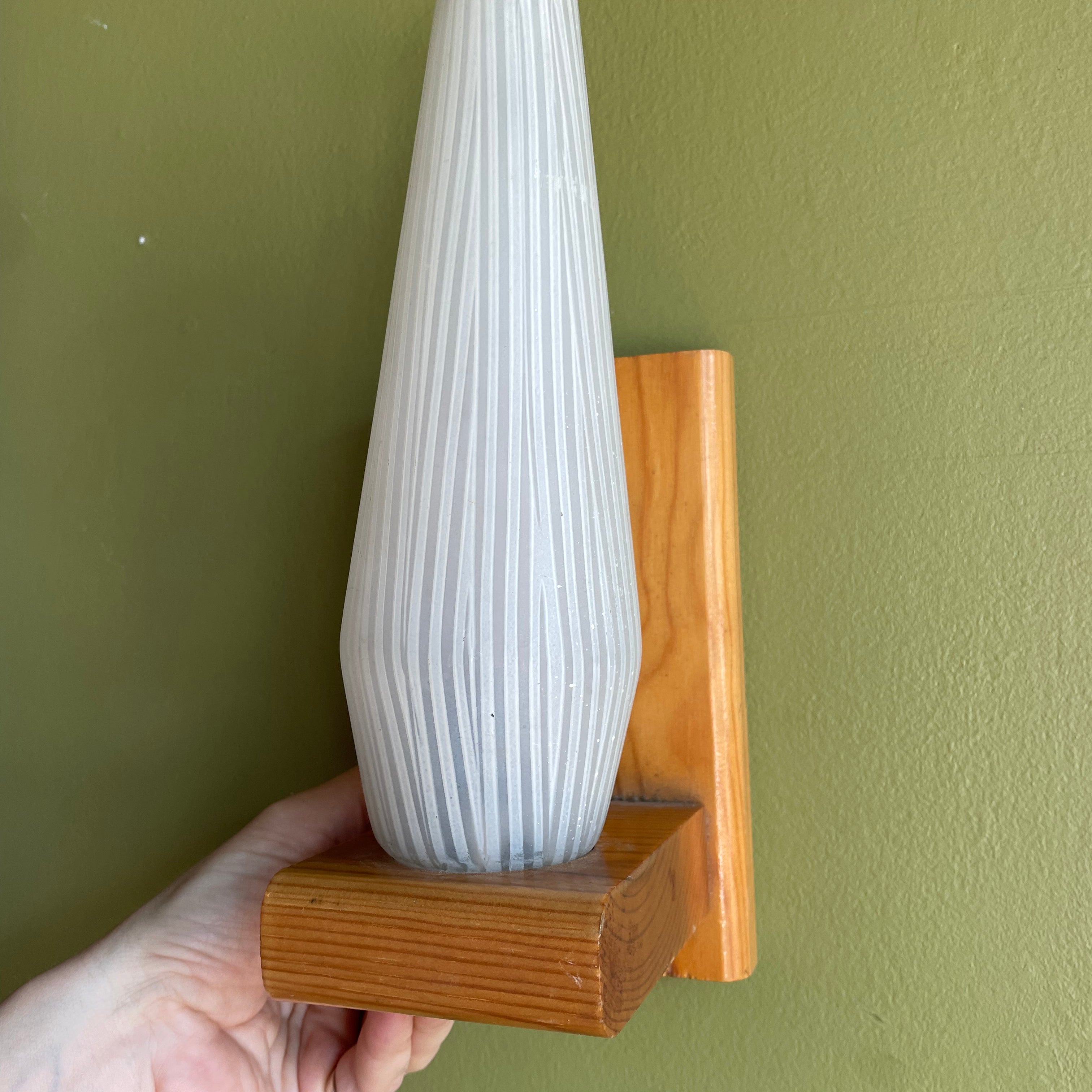 1970's Scandinavian Oak + Glass Sconces - A Pair sconce doodad