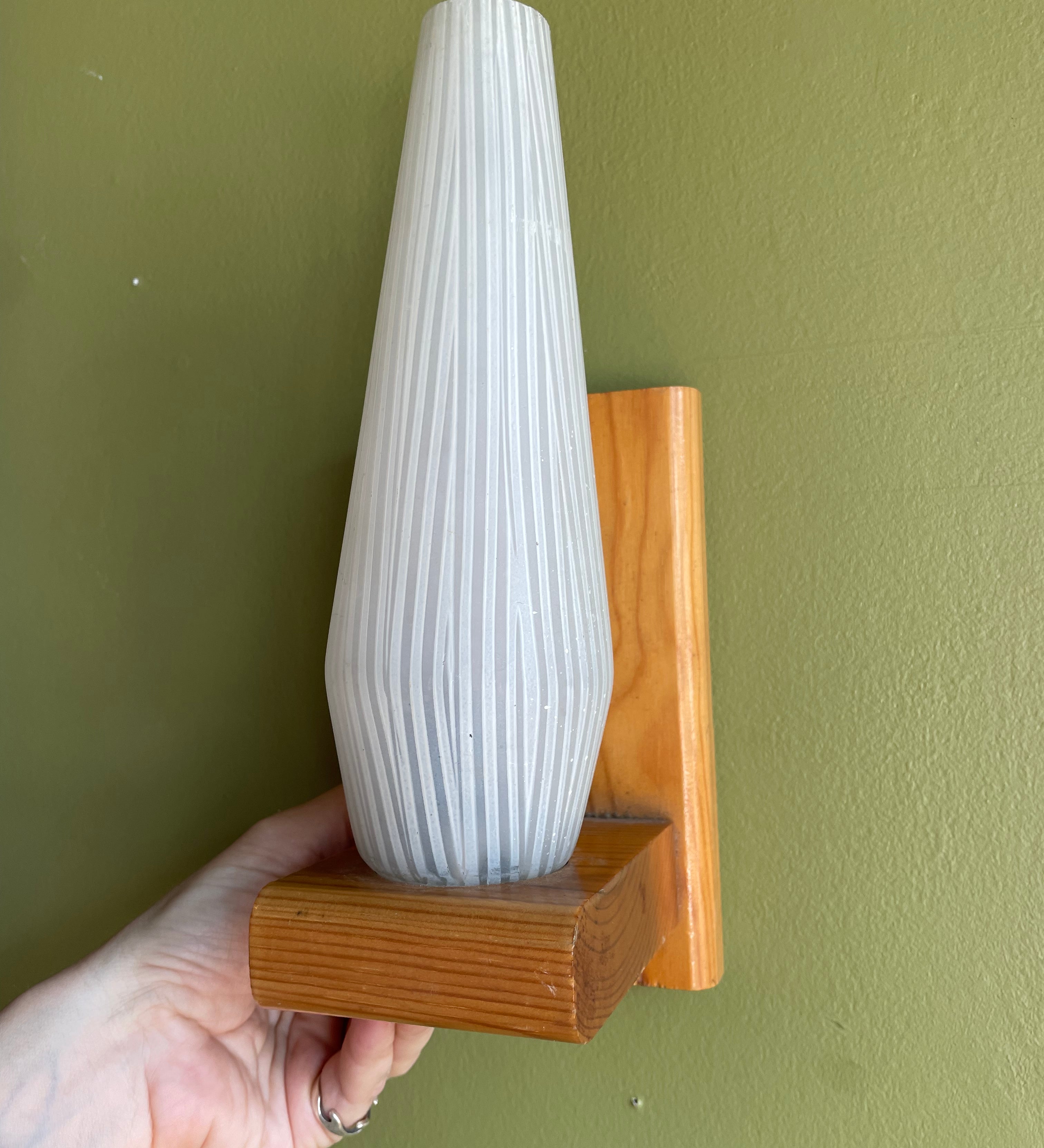 1970's Scandinavian Oak + Glass Sconces - A Pair sconce doodad