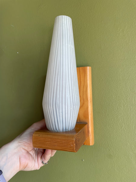 1970's Scandinavian Oak + Glass Sconces - A Pair sconce doodad