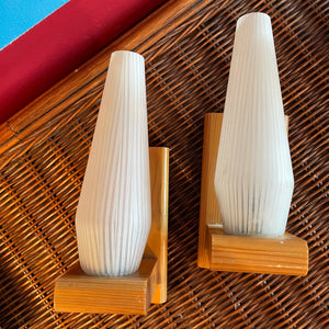 1970's Scandinavian Oak + Glass Sconces - A Pair sconce doodad