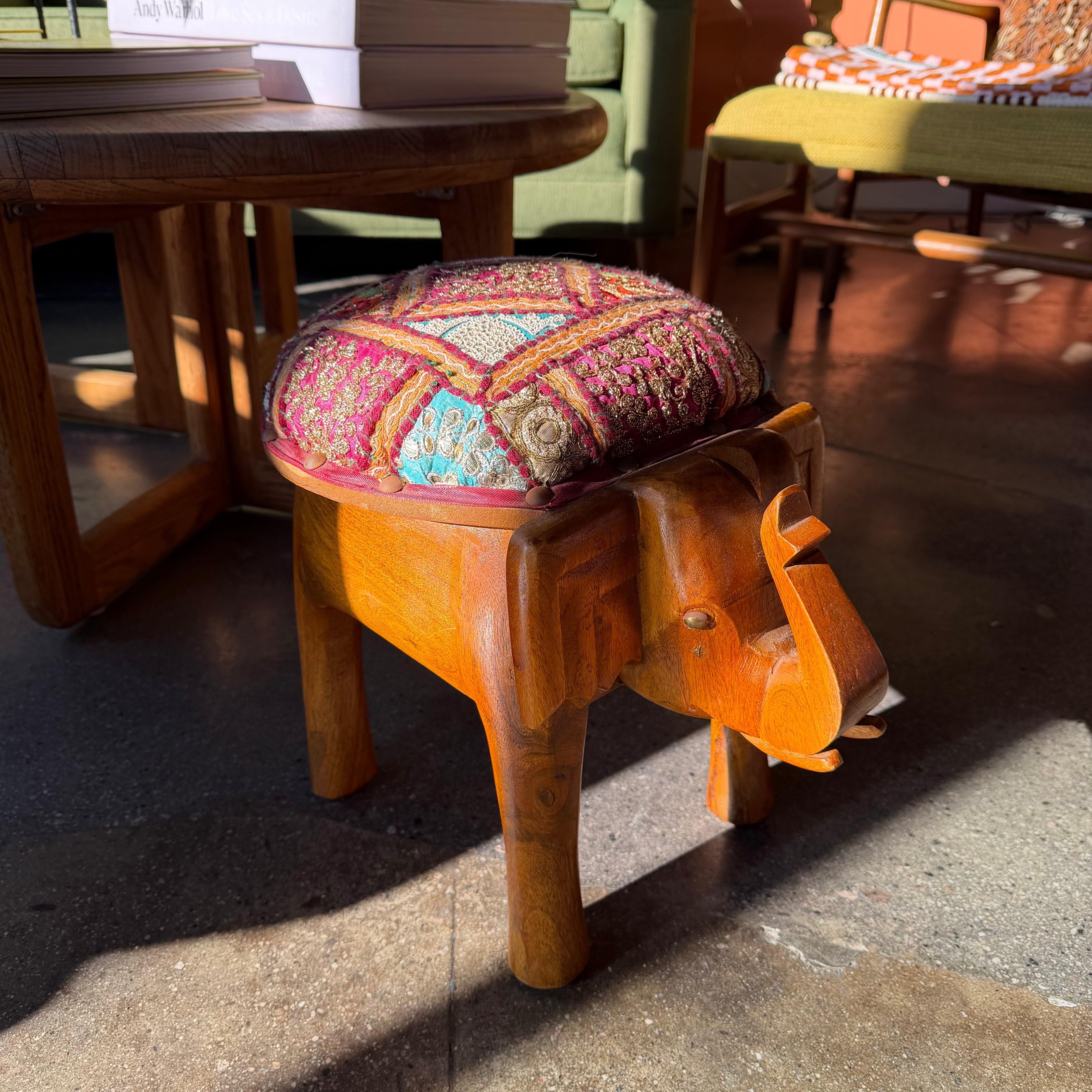 Vintage Mango Wood Elephant Stool ottoman CANDID HOME