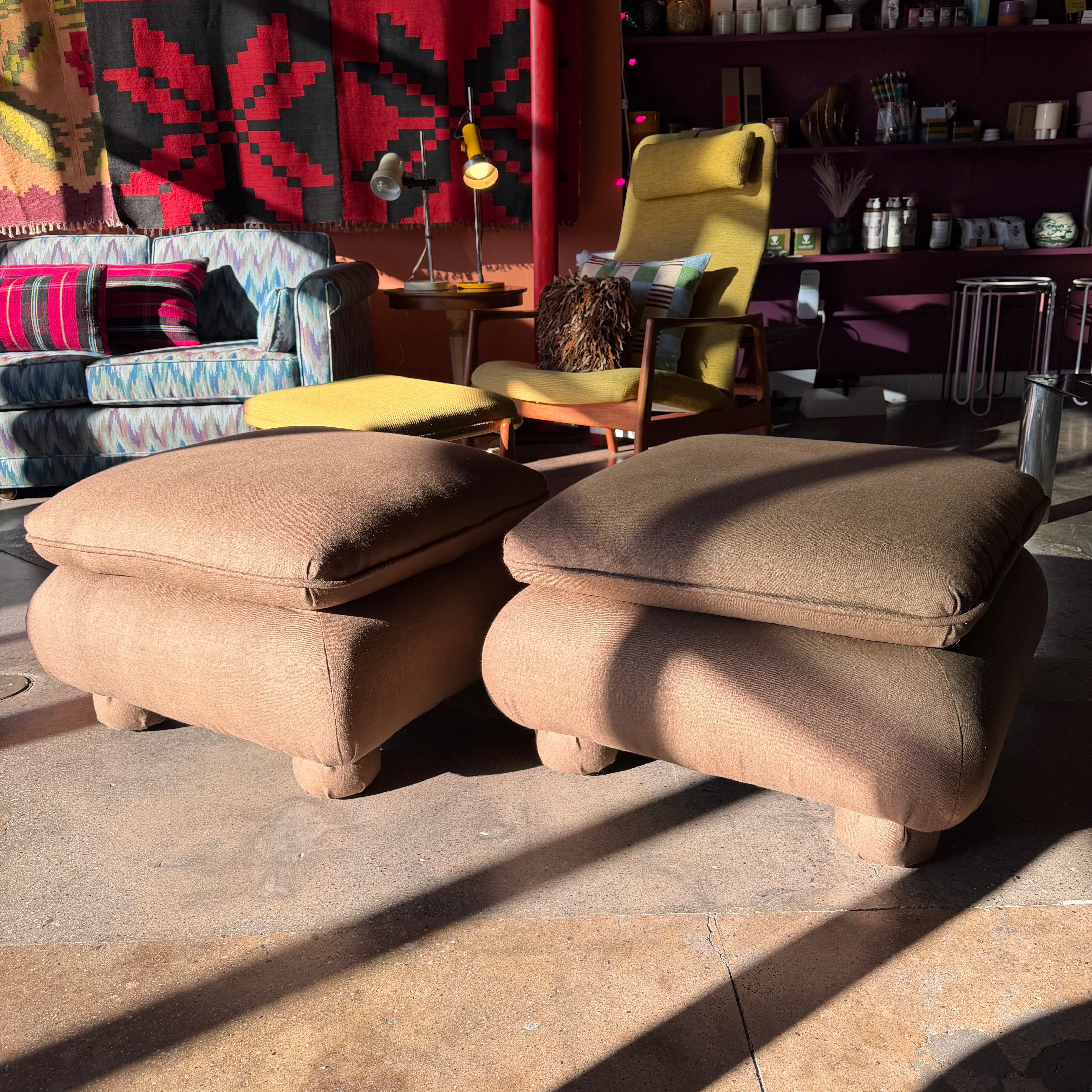 Vintage Reupholstered Brown Linen Ottomans - 1 Available Ottomans CANDID HOME