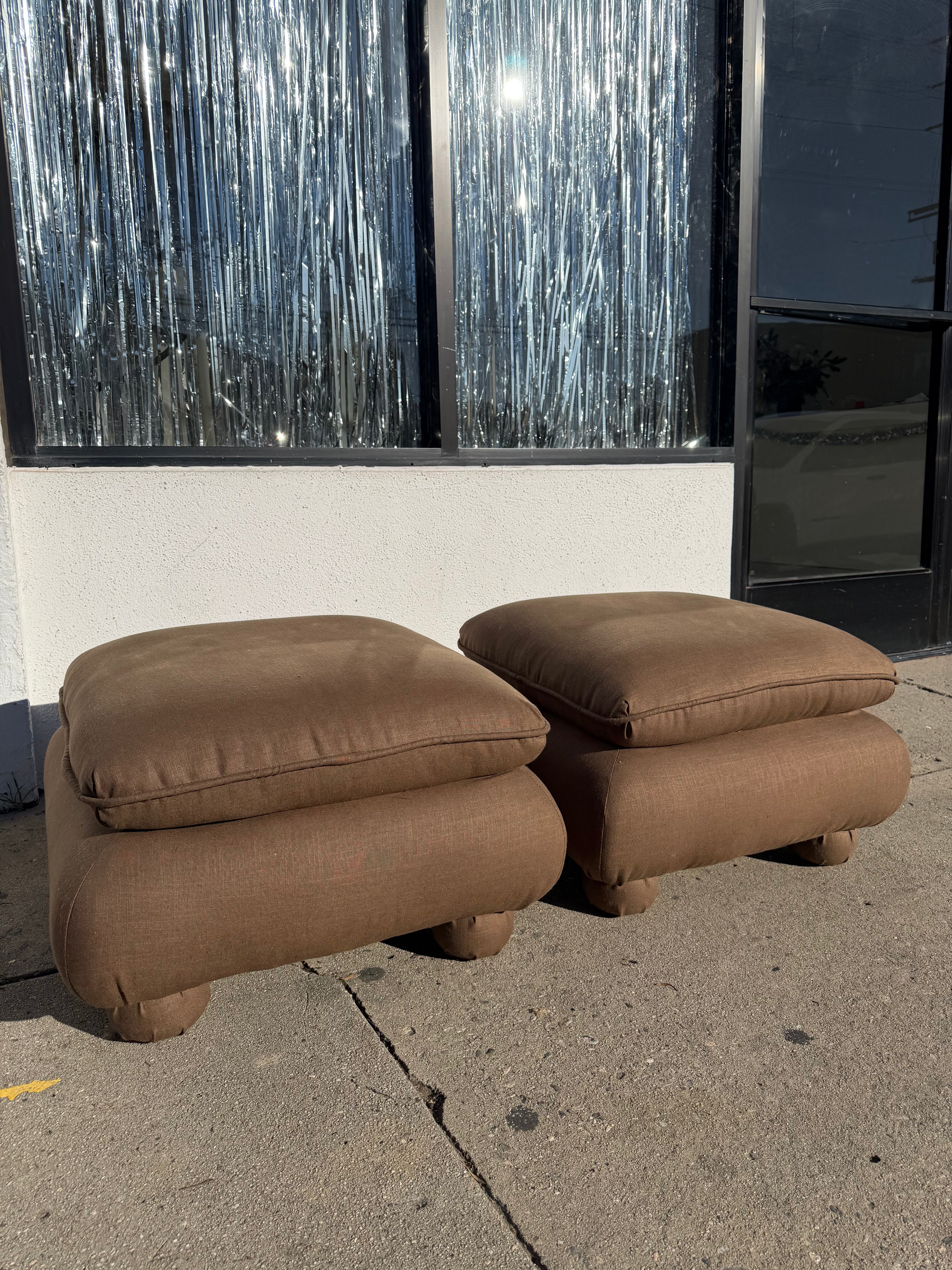 Vintage Reupholstered Brown Linen Ottomans - 1 Available Ottomans CANDID HOME