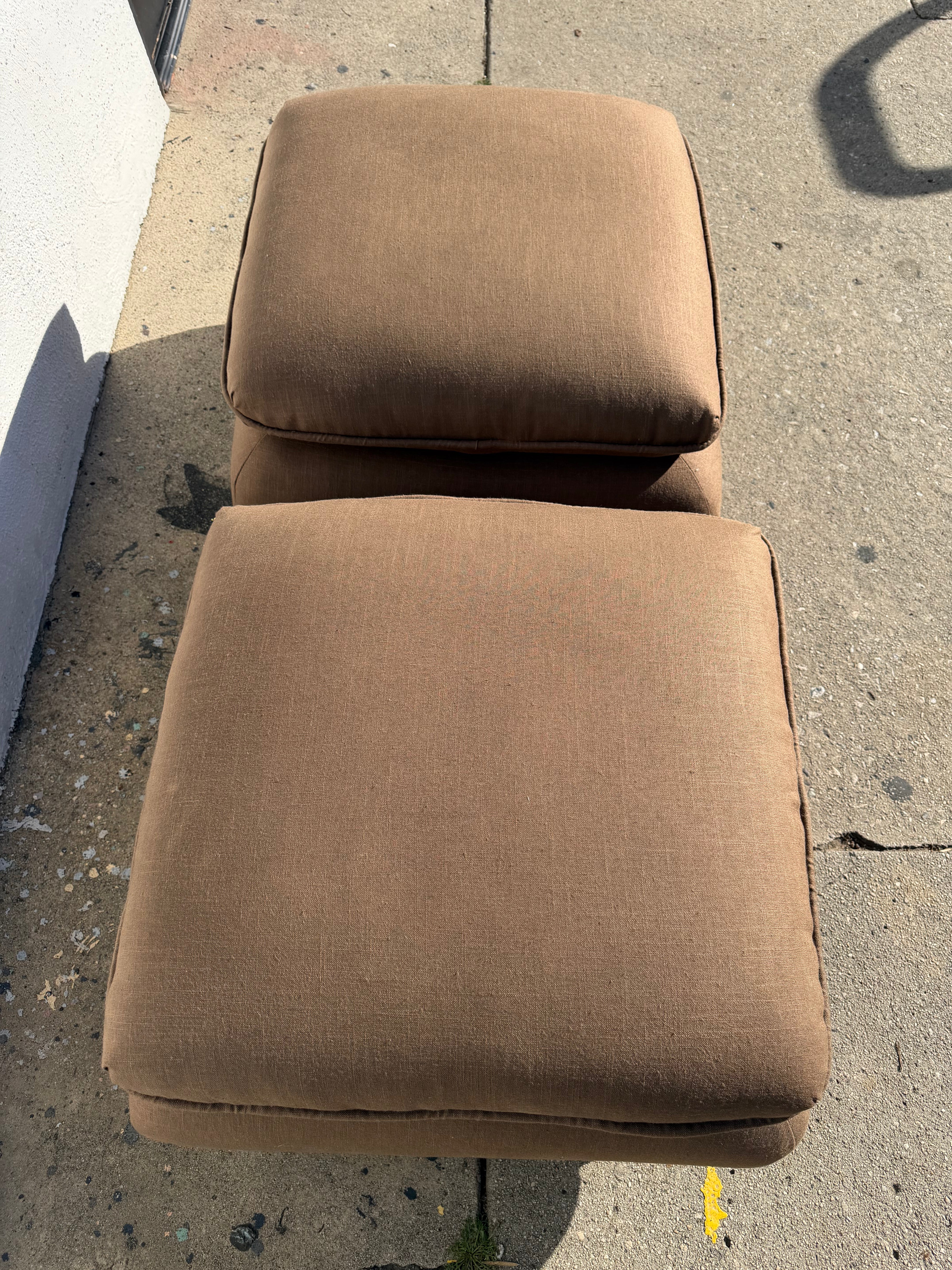 Vintage Reupholstered Brown Linen Ottomans - 1 Available Ottomans CANDID HOME