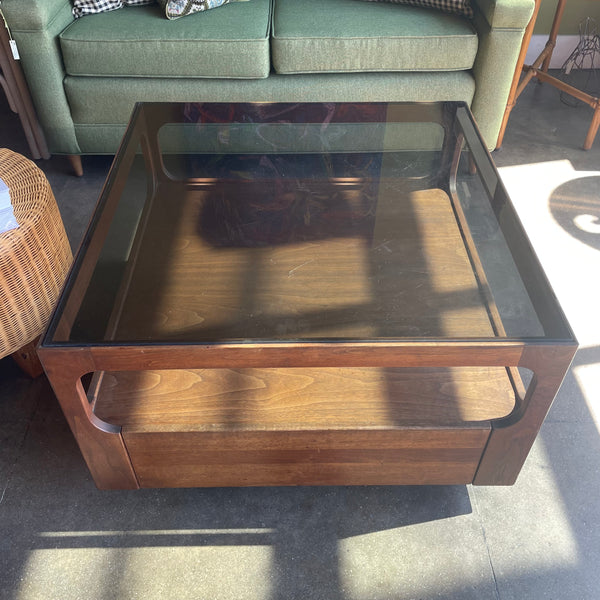 1970's Walnut + Glass Coffee Table by Brown Saltman coffee table brittany pham