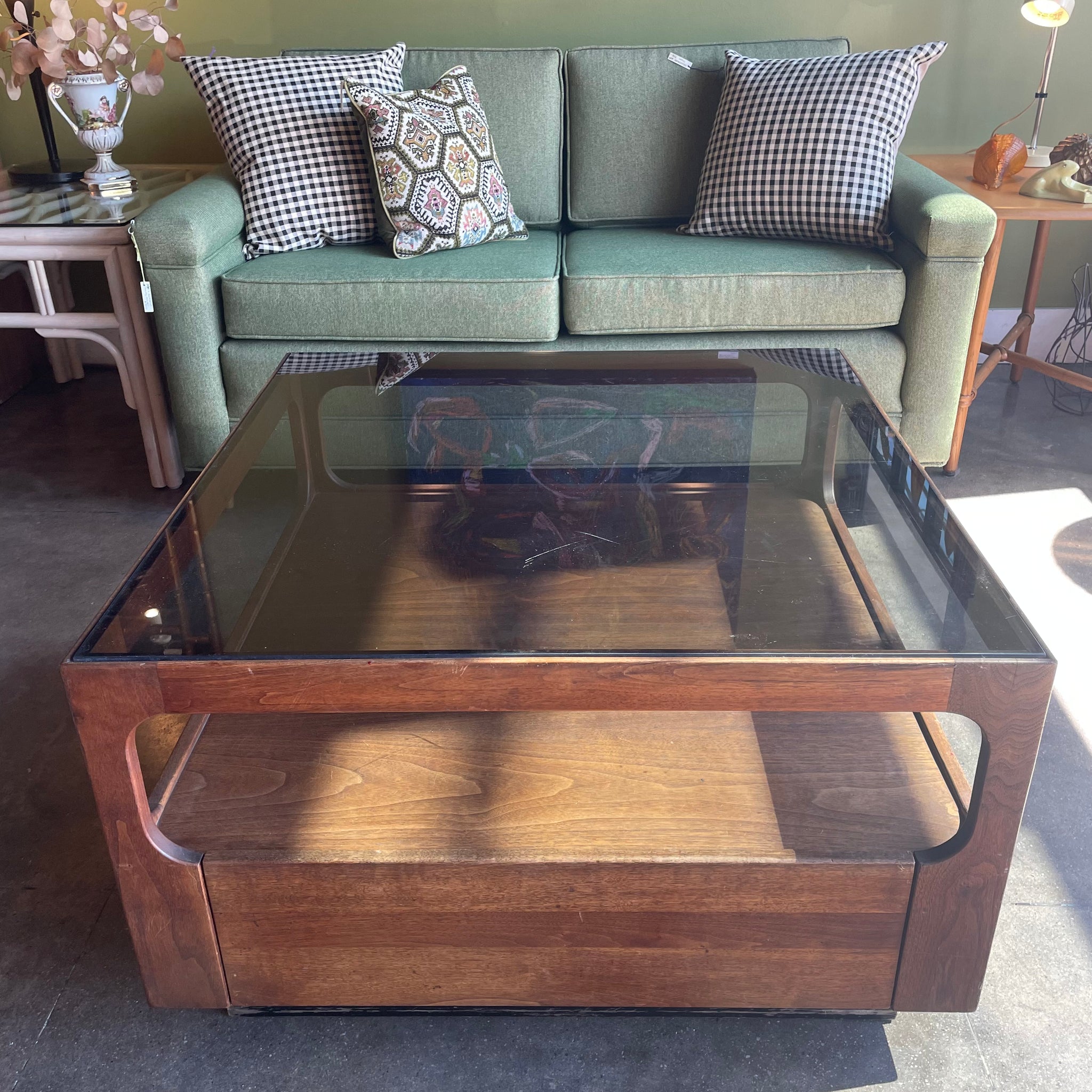 1970's Walnut + Glass Coffee Table by Brown Saltman coffee table brittany pham