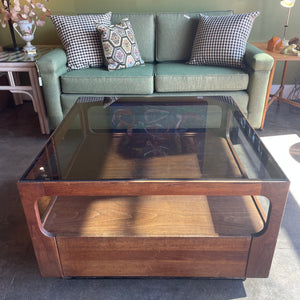 1970's Walnut + Glass Coffee Table by Brown Saltman coffee table brittany pham
