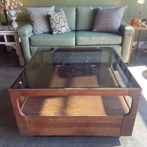 1970's Walnut + Glass Coffee Table by Brown Saltman coffee table brittany pham
