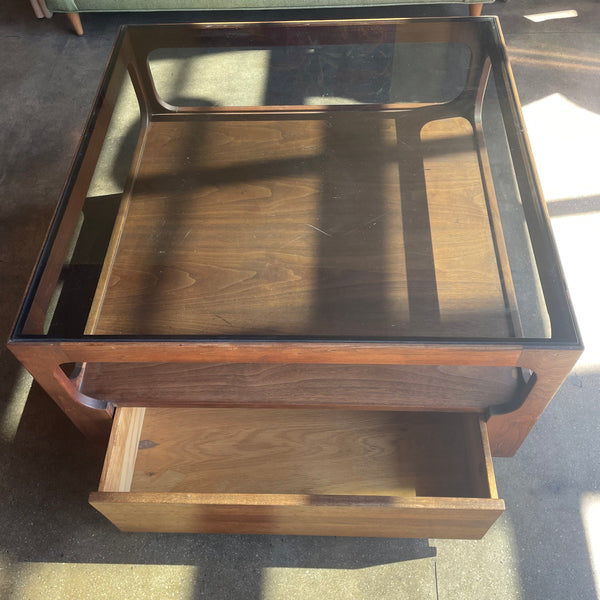 1970's Walnut + Glass Coffee Table by Brown Saltman coffee table brittany pham