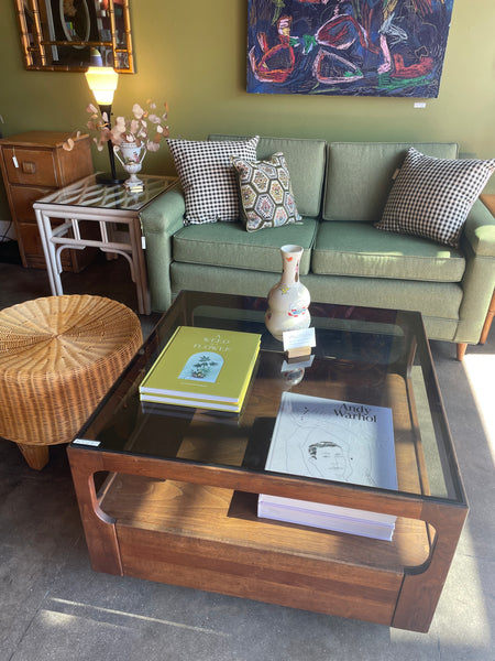 1970's Walnut + Glass Coffee Table by Brown Saltman coffee table brittany pham