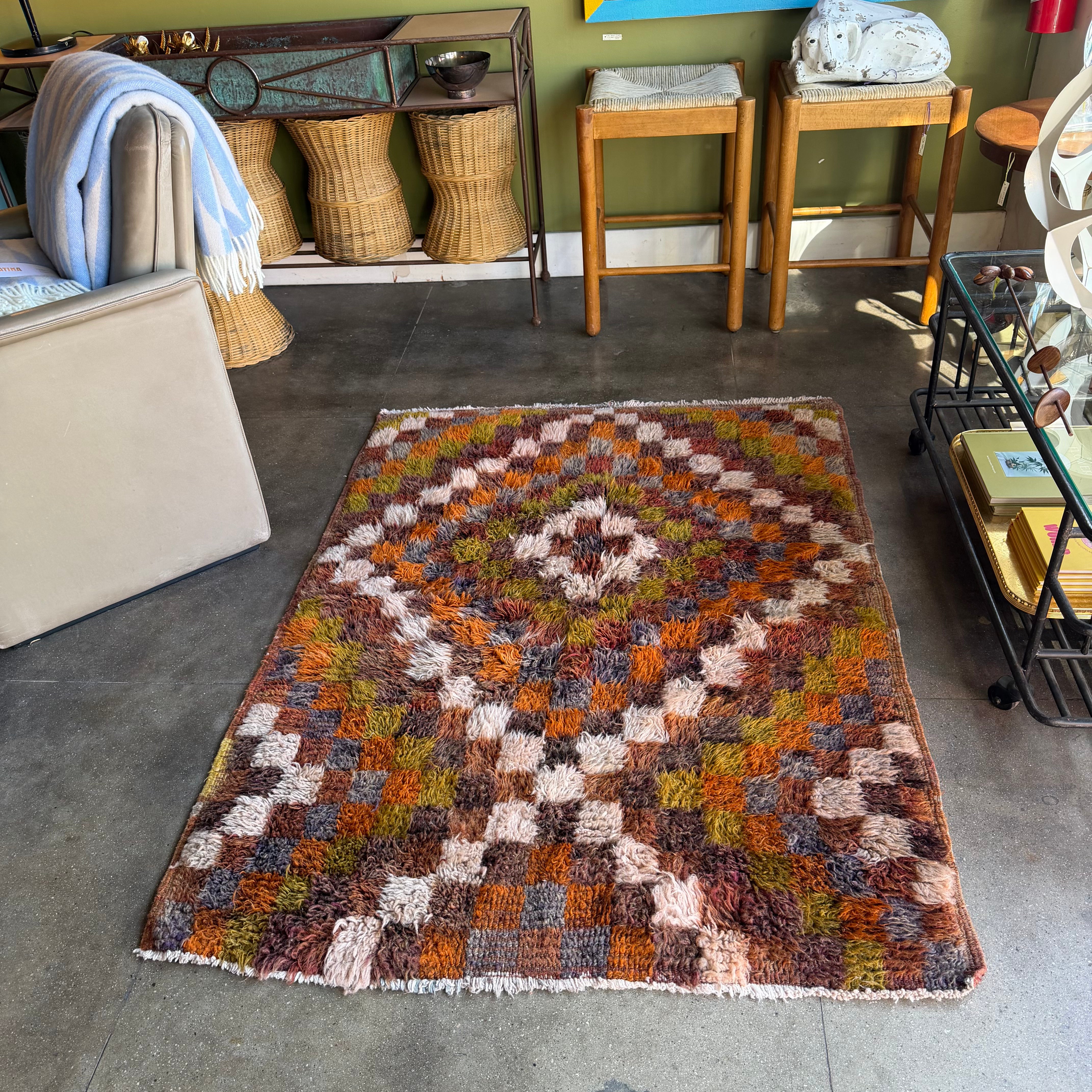 1970's Checkered Moroccan Shag Rug - 3'9" x 5'1" Rugs CANDID HOME