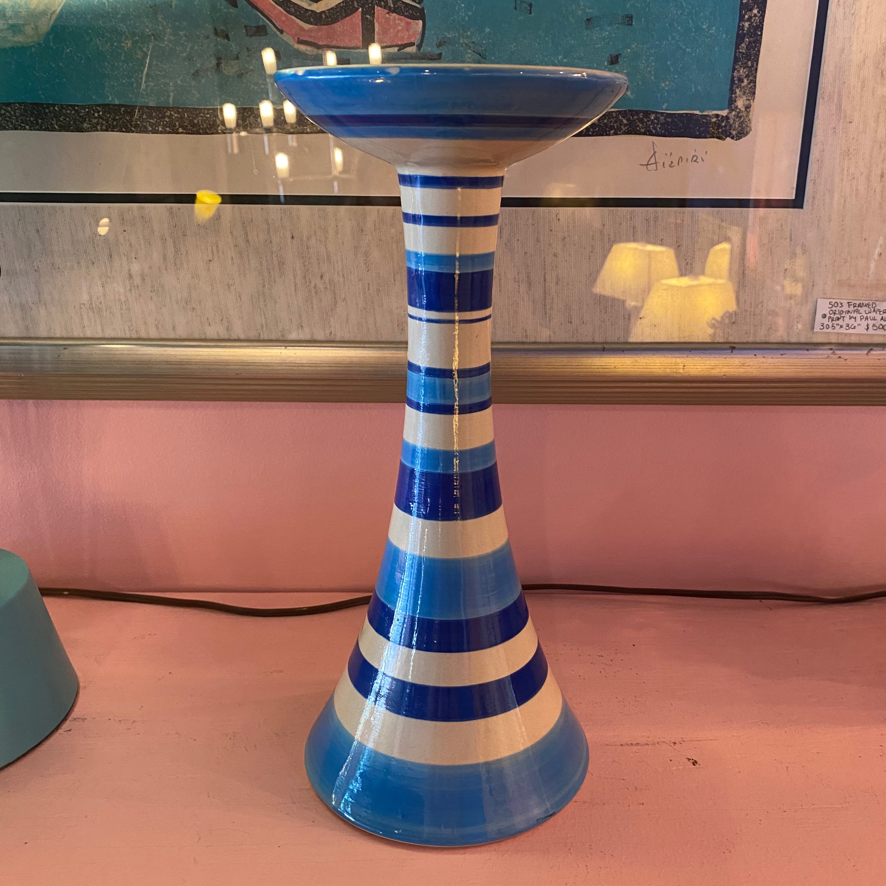Vintage Striped Ceramic Pedestal Pillar Candle Holder Stand CANDID HOME   