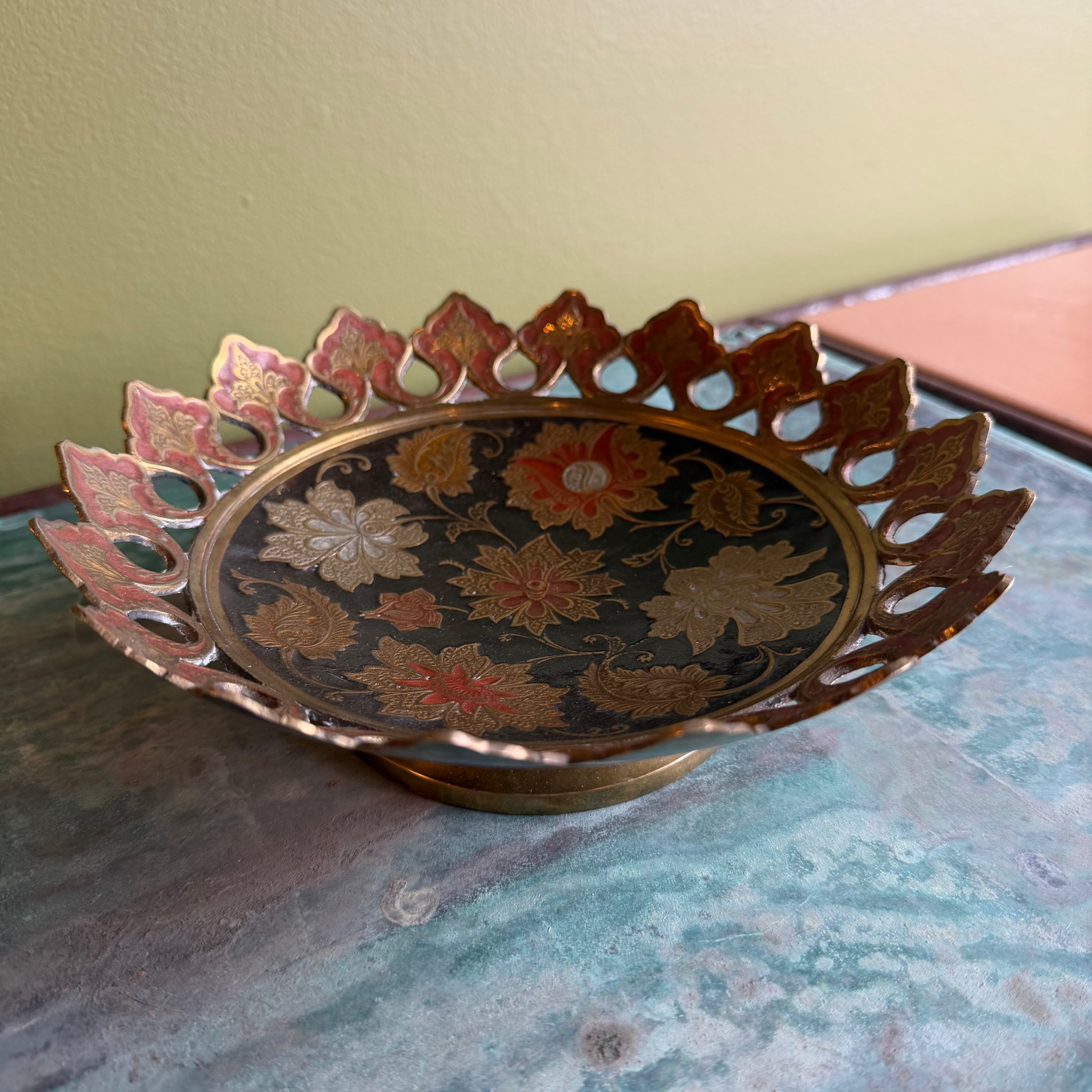 Vintage Indian Enameled Brass Footed Dish bowl CANDID HOME