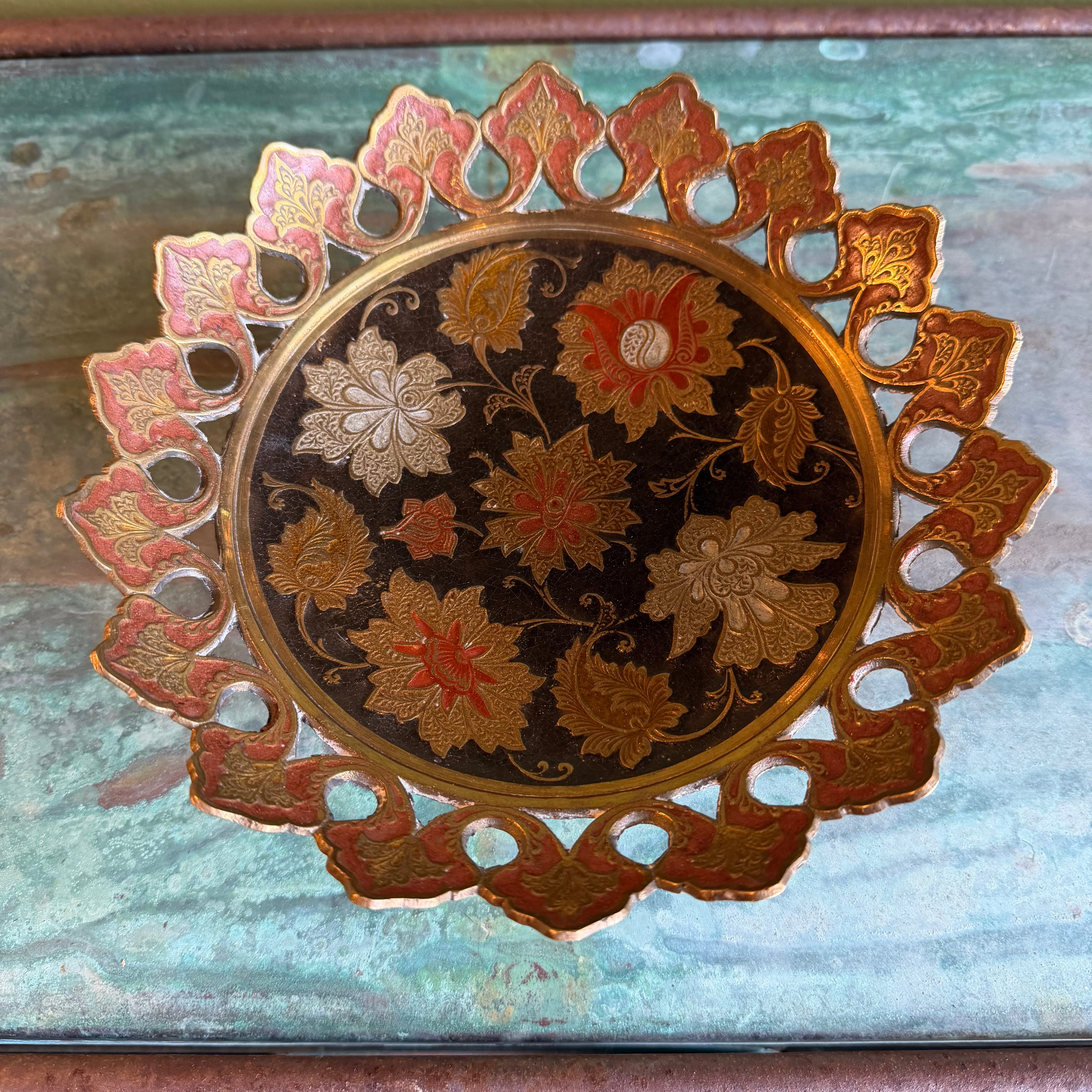 Vintage Indian Enameled Brass Footed Dish bowl CANDID HOME