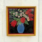Vintage Floral Art with Bamboo Frame: Acrylic on Fabric - 13" Square