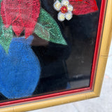 Vintage Floral Art with Bamboo Frame: Acrylic on Fabric - 13" Square