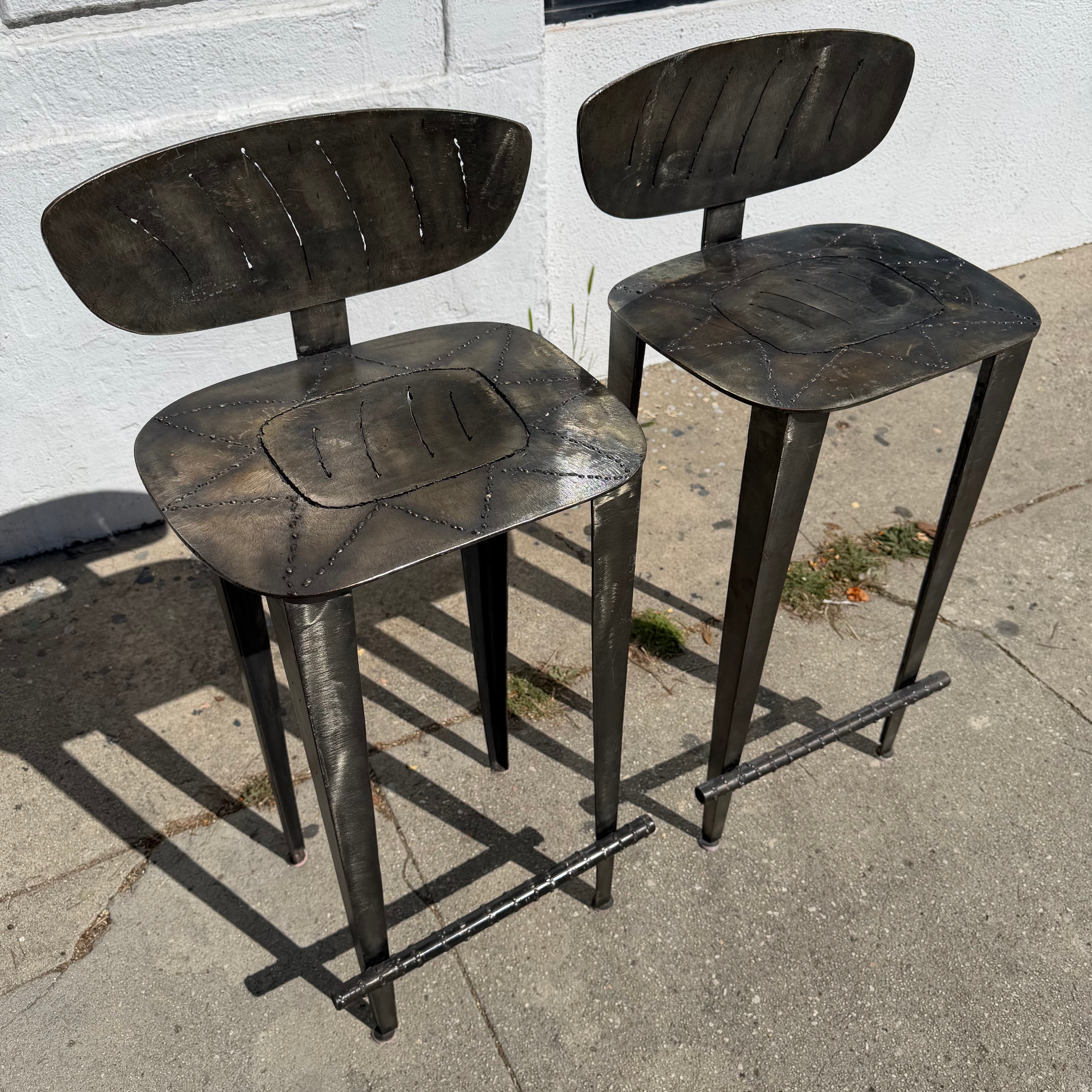 1980's Vintage Hammered Steel Bar Stools - A Pair bar stools beverly consign