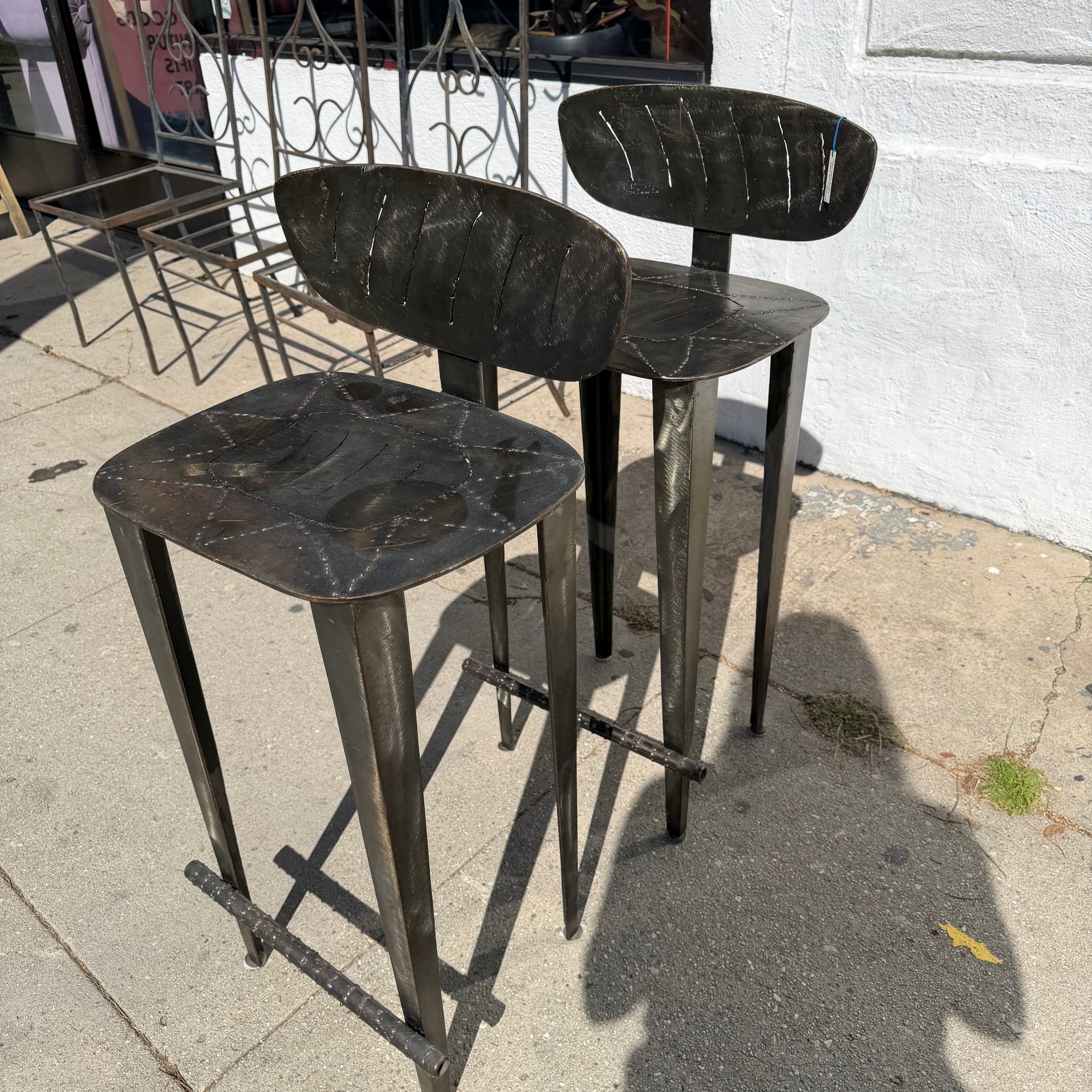 1980's Vintage Hammered Steel Bar Stools - A Pair bar stools beverly consign