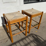 1970's Rattan + Oak Counter Stools - A Pair