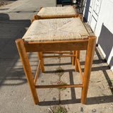 1970's Rattan + Oak Counter Stools - A Pair