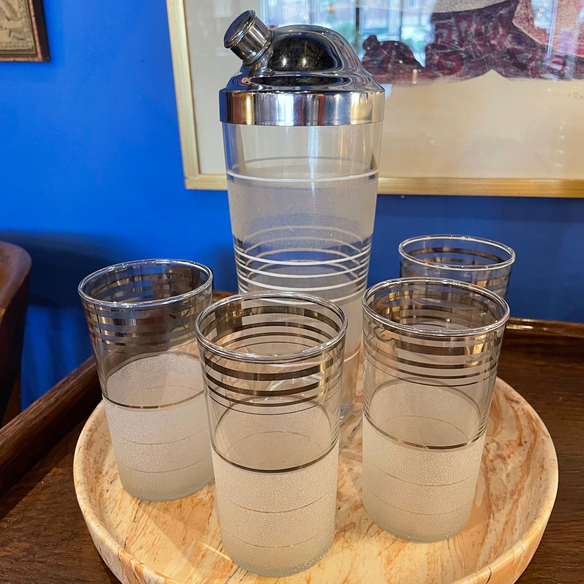 1950's Frosted Glass Shaker + Cocktail Set barware CANDID HOME