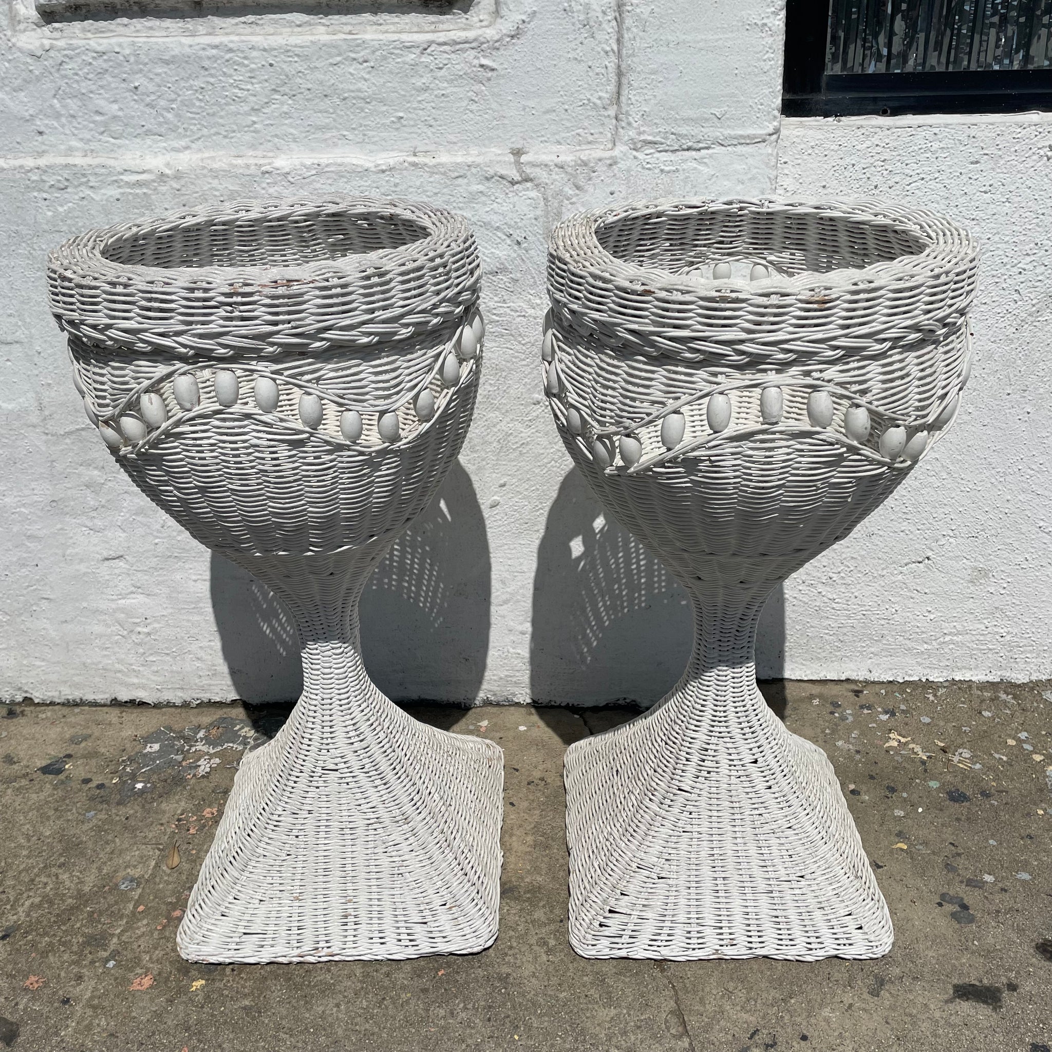 1970's White Wicker Planters - A Pair planter CANDID HOME
